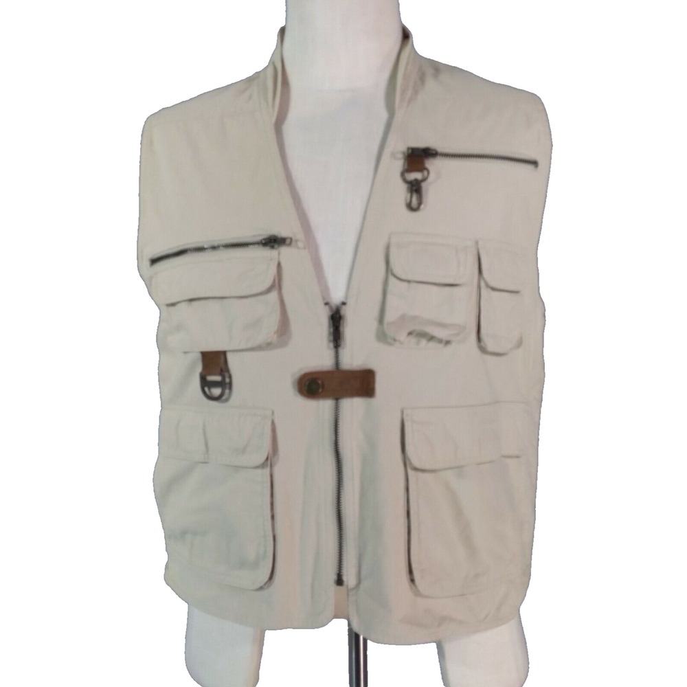 Reel Legends Vest Mens Large Beige Fishing Utility Multi-Pocket Cotton Canvas